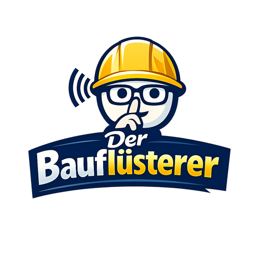 Der Bauflüsterer — Karikatur mit gelbem Bauhelm und Pssst-Geste
